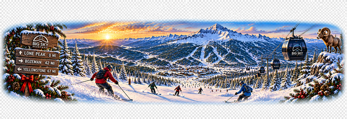 Panoramic winter skiing artwork for the Big Sky 2026 limited edition glass ornament