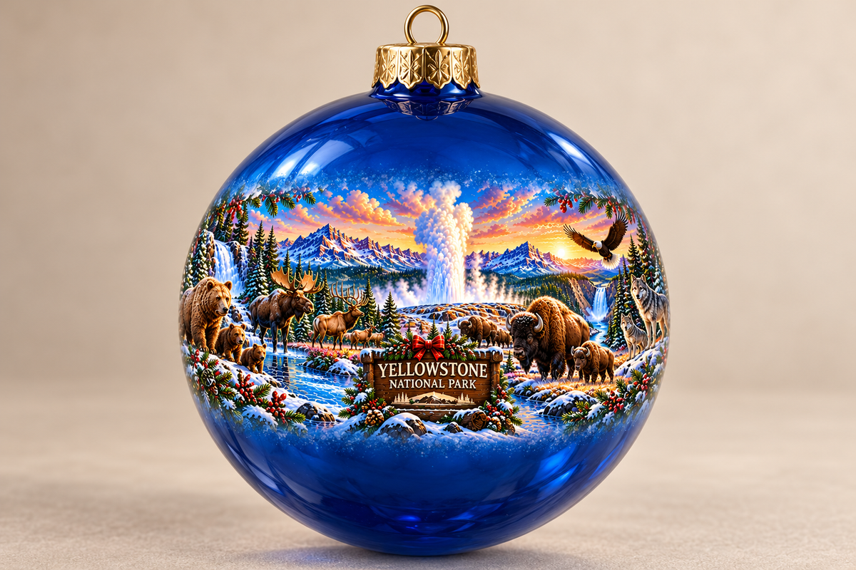 Blue 3.15-inch glass ornament with Yellowstone winter wildlife wrap