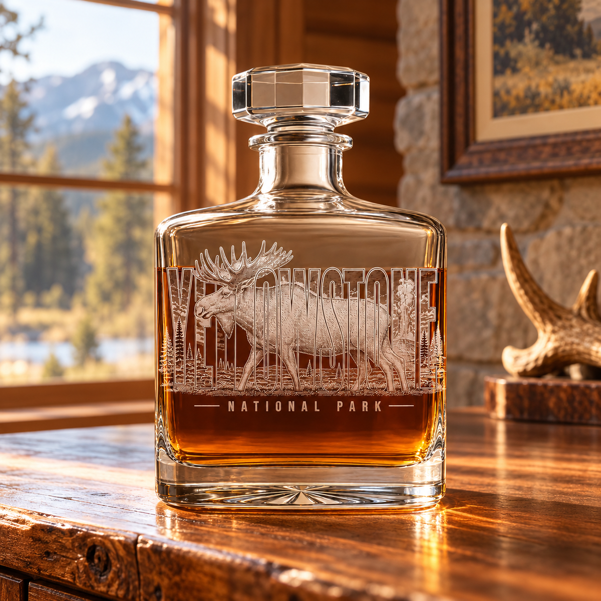 Yellowstone Moose Whiskey Decanter — lodge sideboard lifestyle
