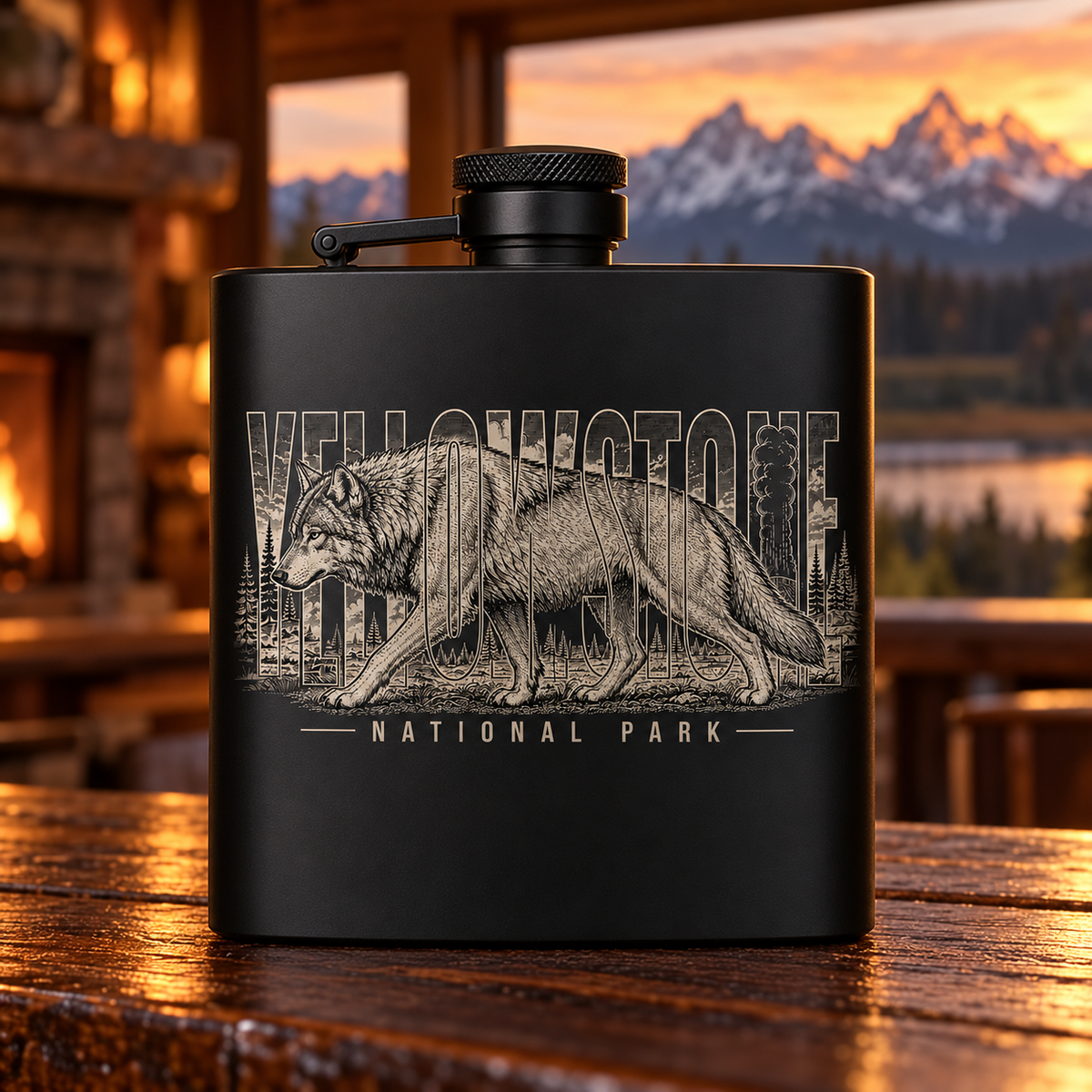 Yellowstone Wolf Premium Flask — lodge bar lifestyle