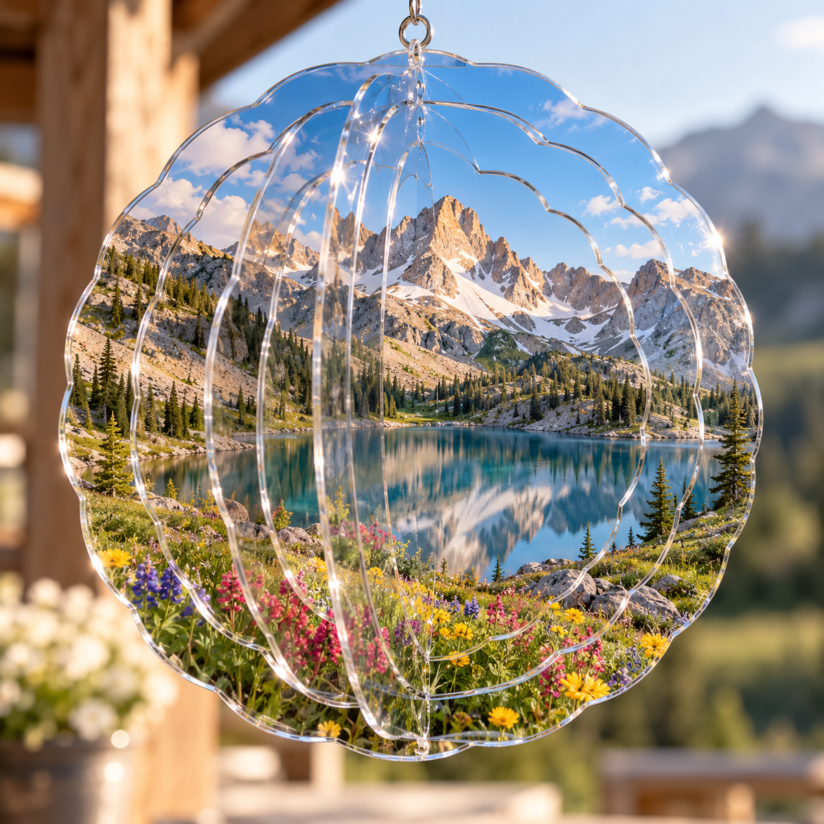 Dimensional clear acrylic wind spinner with Beehive Basin alpine lake and wildflowers