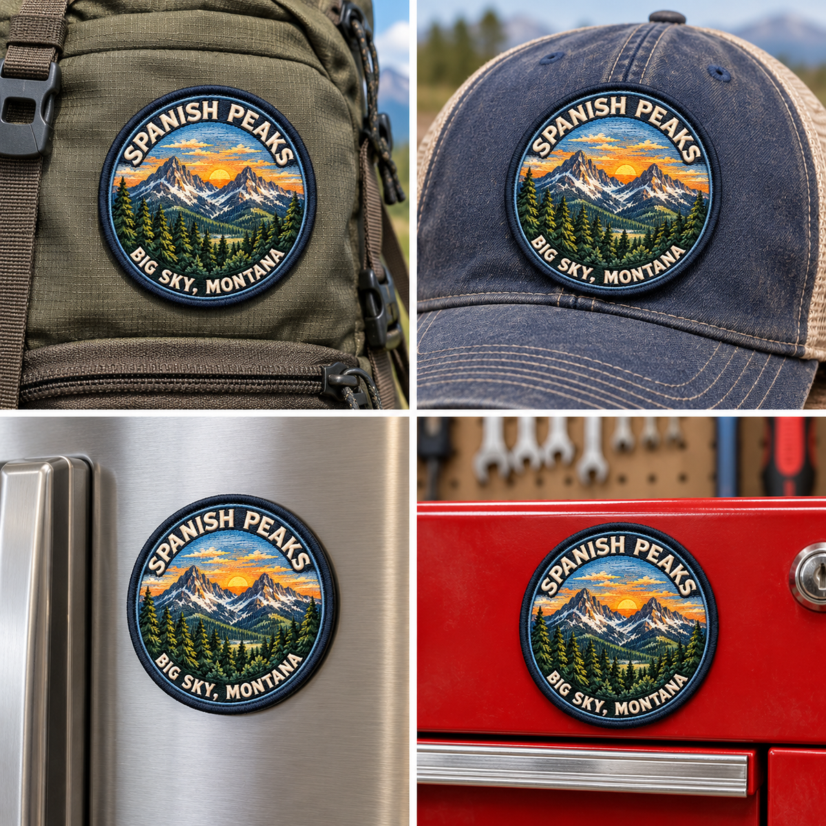 Big Sky Montana — Big Sky Village UV 3D: patch on hiking backpack and cap, magnet on refrigerator and toolbox.