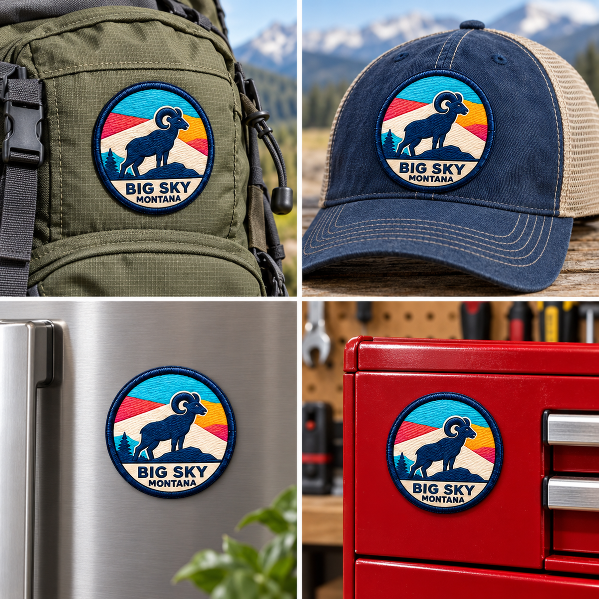 Big Sky Montana — Bighorn Ram UV 3D: patch on hiking backpack and cap, magnet on refrigerator and toolbox.