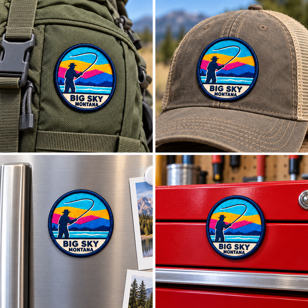 Big Sky Montana — Cutthroat Trout UV 3D: patch on hiking backpack and cap, magnet on refrigerator and toolbox.