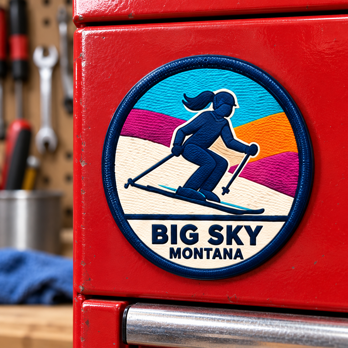 Lifestyle — Big Sky Montana Girl Skier UV 3D collectible magnet on a red toolbox.