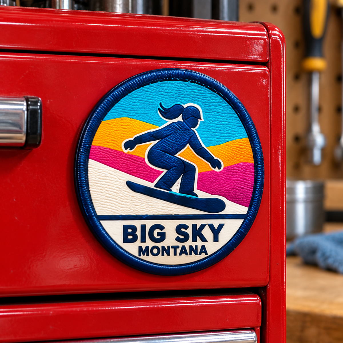 Lifestyle — Big Sky Montana Girl Snowboarder UV 3D collectible magnet on a red toolbox.