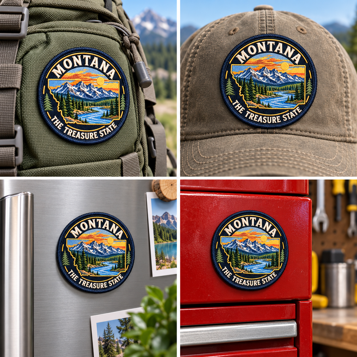 Big Sky Montana — Montana State UV 3D: patch on hiking backpack and cap, magnet on refrigerator and toolbox.