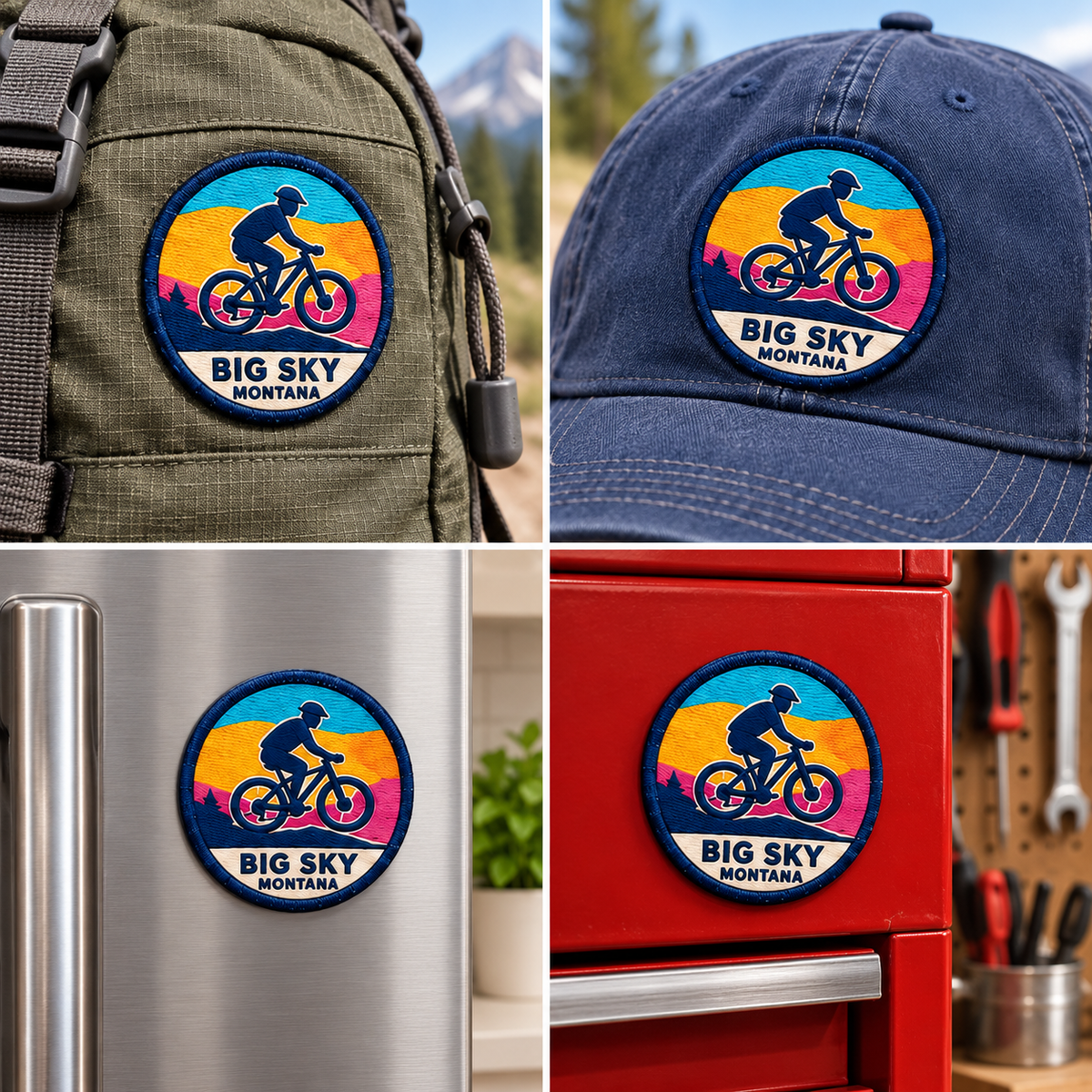Big Sky Montana — Mountain Bike UV 3D: patch on hiking backpack and cap, magnet on refrigerator and toolbox.