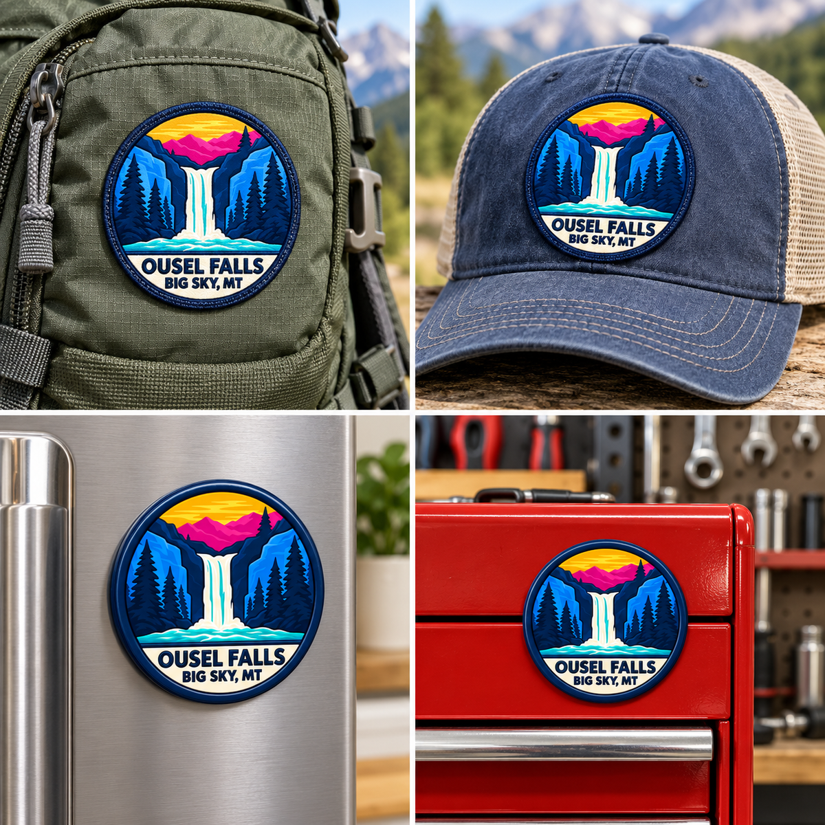 Big Sky Montana Ousel Falls collectible patch on a backpack and cap, and magnet on a refrigerator and toolbox.
