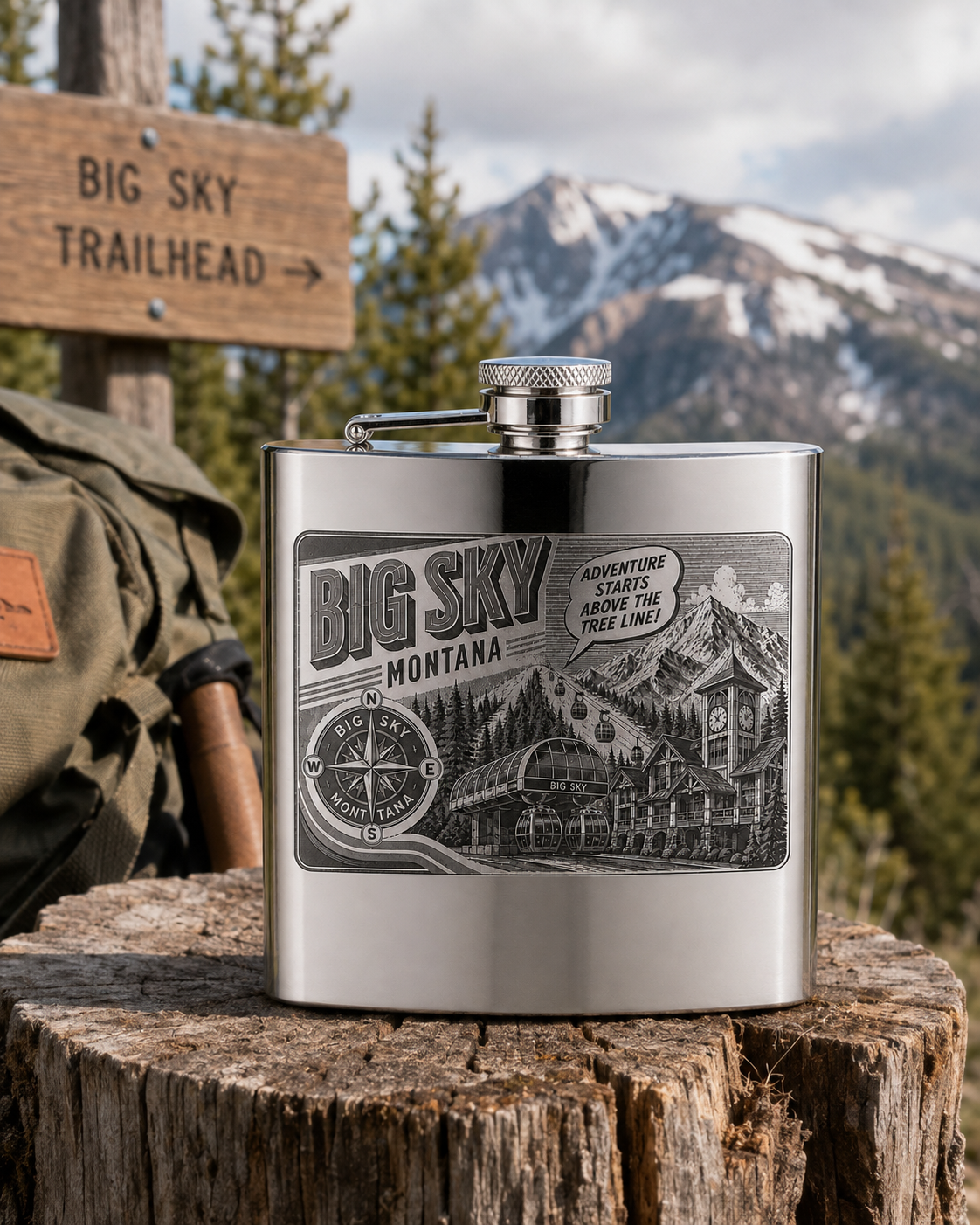 Big Sky Retro mirror stainless flask at a Big Sky trailhead