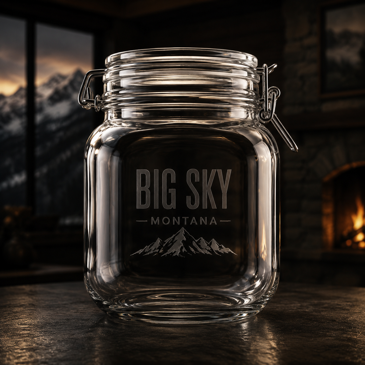 Big Sky Shadow Hinged Cookie Jar with tonal Lone Peak engraving