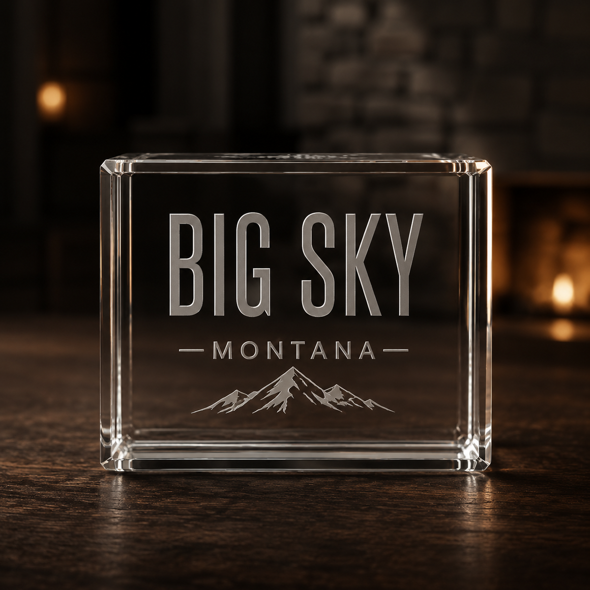 Big Sky Shadow K9 Crystal Paperweight with tonal Lone Peak engraving