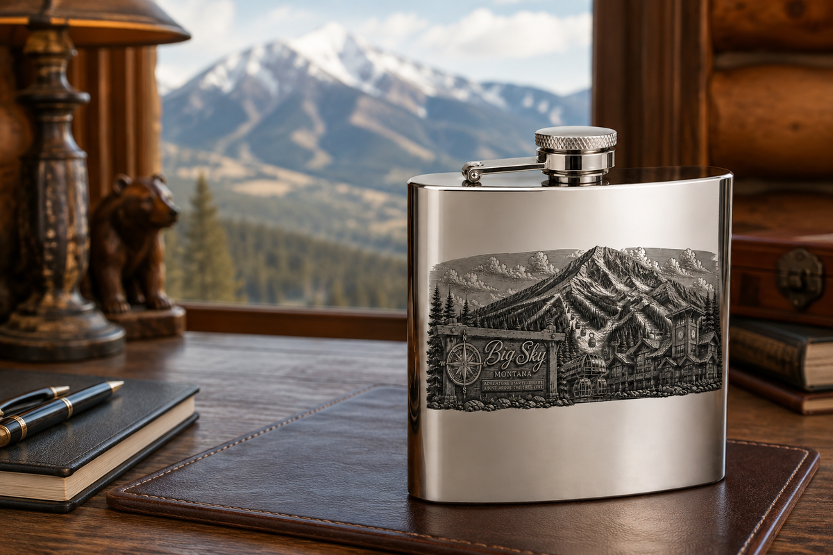 Big Sky Signature mirror stainless flask at a Big Sky lodge desk