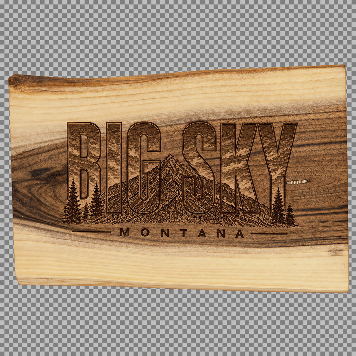 Black walnut cutting board engraved with Big Sky Montana heritage artwork