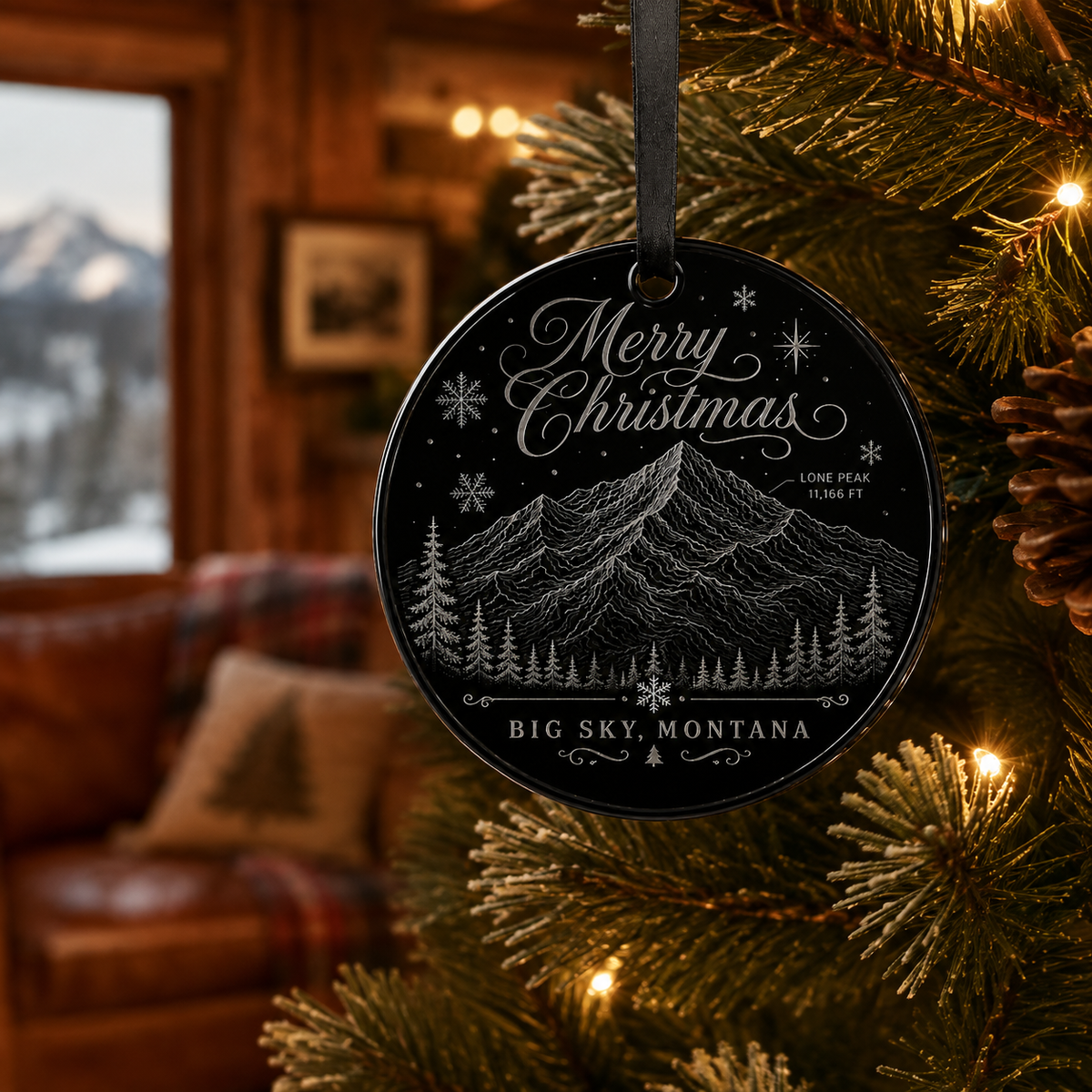 Big Sky Merry Christmas Lone Peak acrylic ornament on a lodge Christmas tree