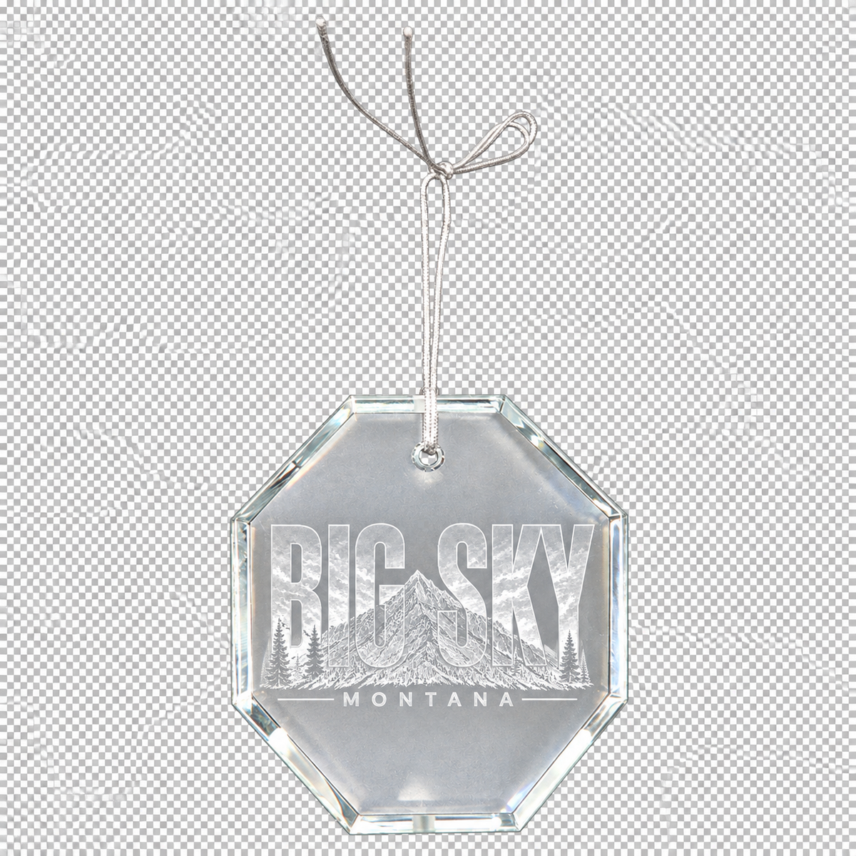 Faceted octagon crystal ornament with centered suspended Big Sky Montana hologram engraving