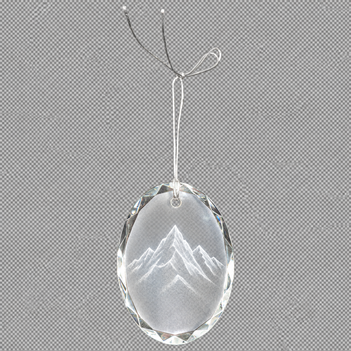 Faceted crystal oval ornament with a centered suspended Lone Peak hologram engraving