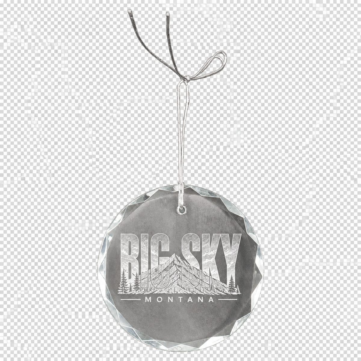 Clear faceted crystal ornament engraved with Big Sky Montana artwork