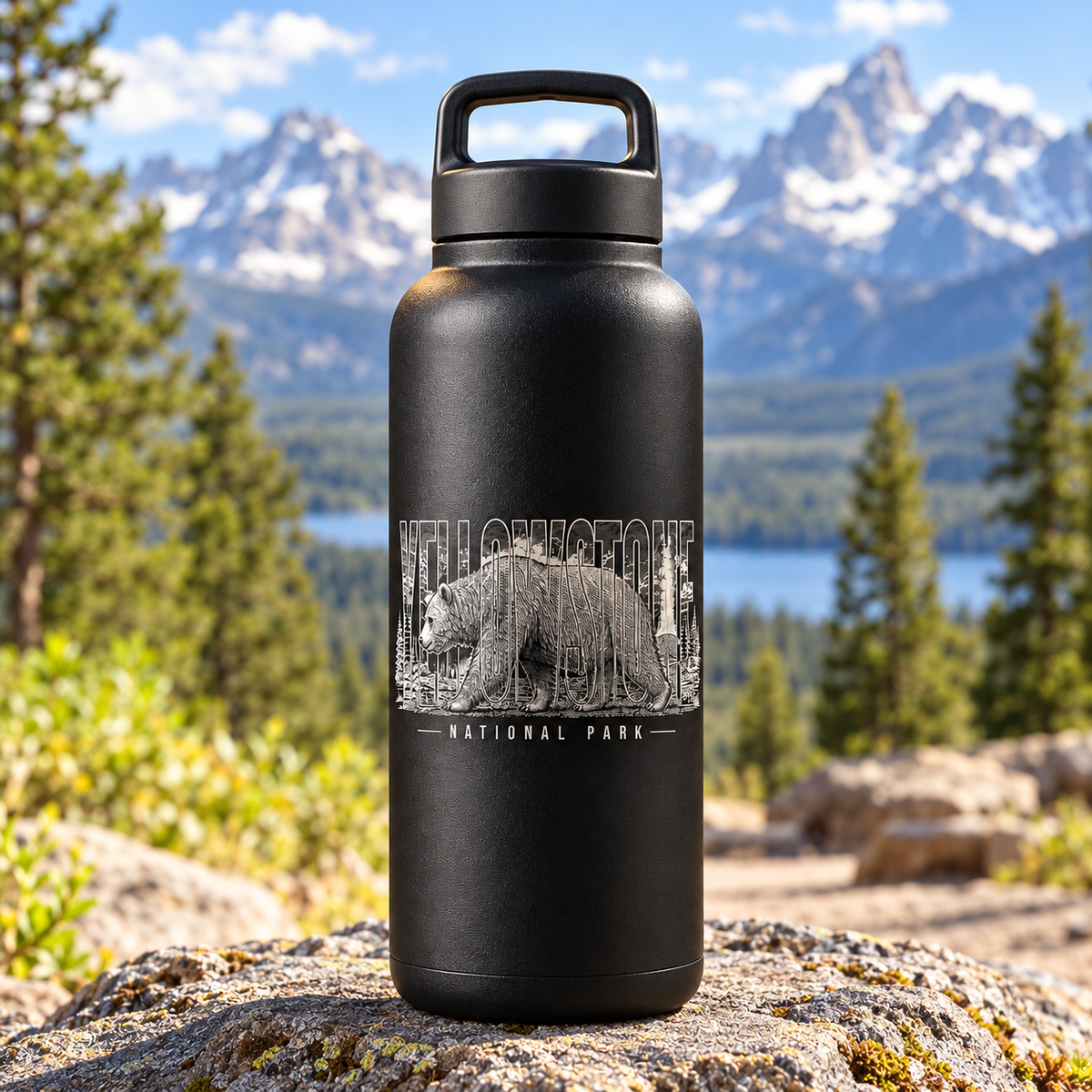Yellowstone Grizzly 22 oz water bottle — trail lifestyle