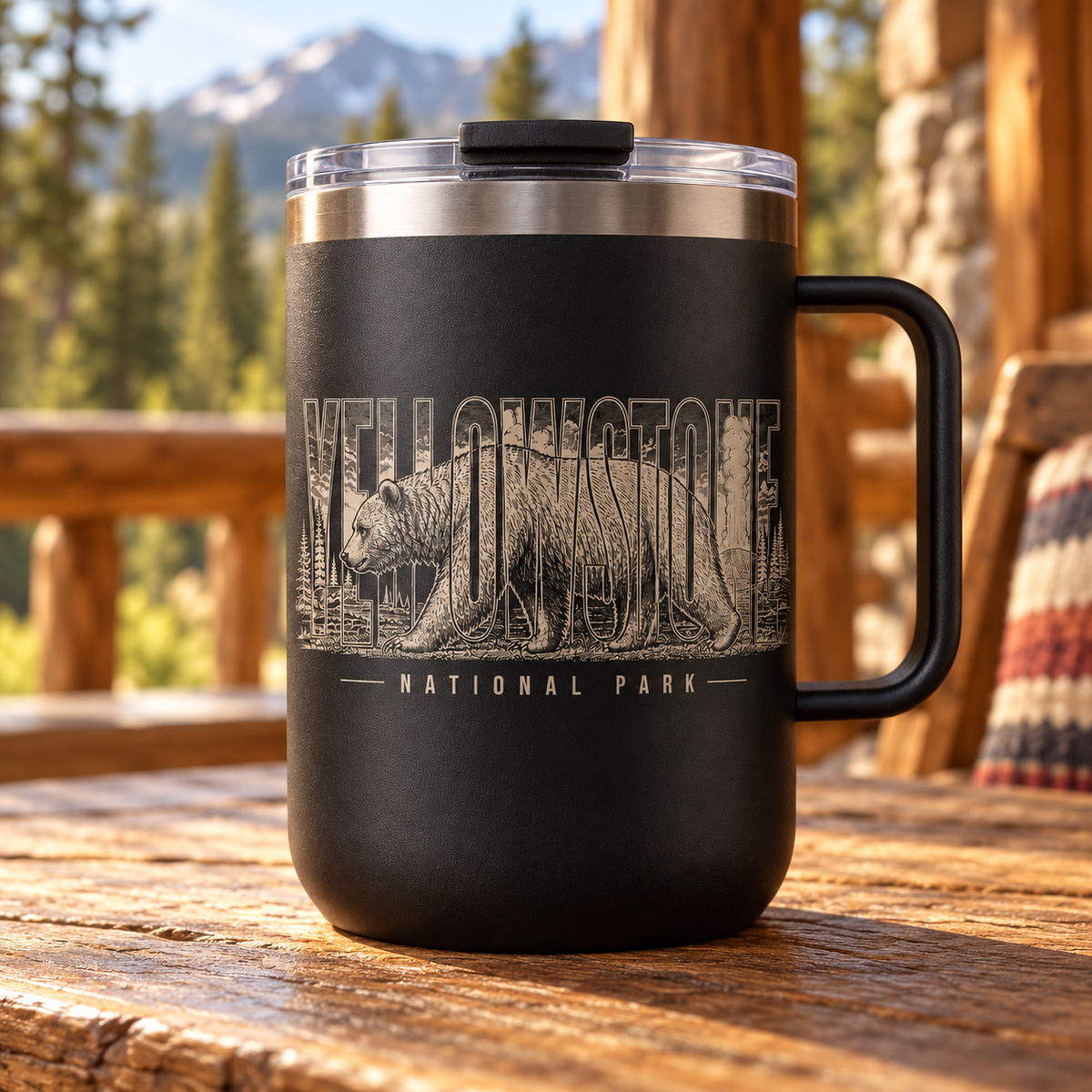 Yellowstone Grizzly handled mug — porch lifestyle