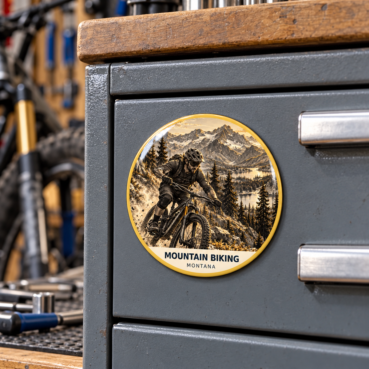 Mountain Biking Signature printed magnet on a toolbox