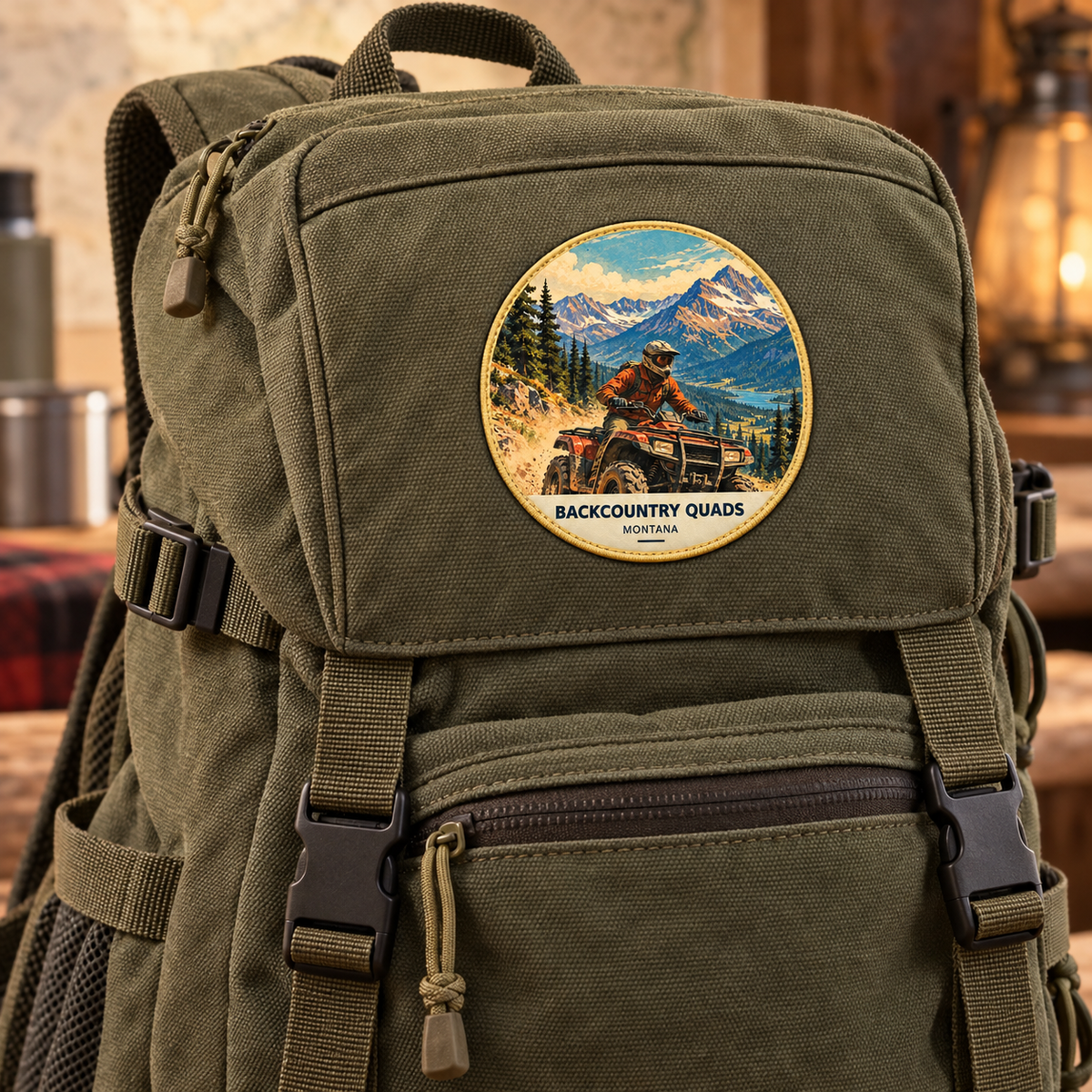 Backcountry Quads Classic patch lifestyle on olive backpack