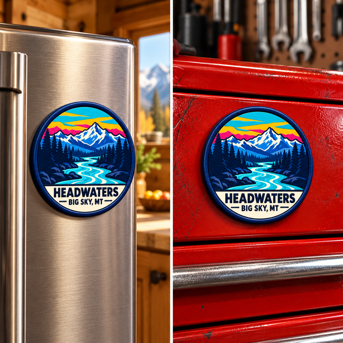 Big Sky Montana — Headwaters Magnet lifestyle scene: refrigerator and toolbox