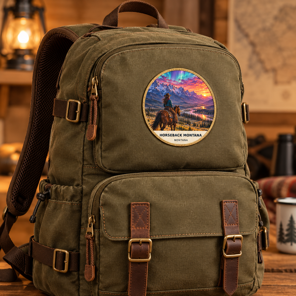 Horseback Montana Fusion patch lifestyle on olive backpack