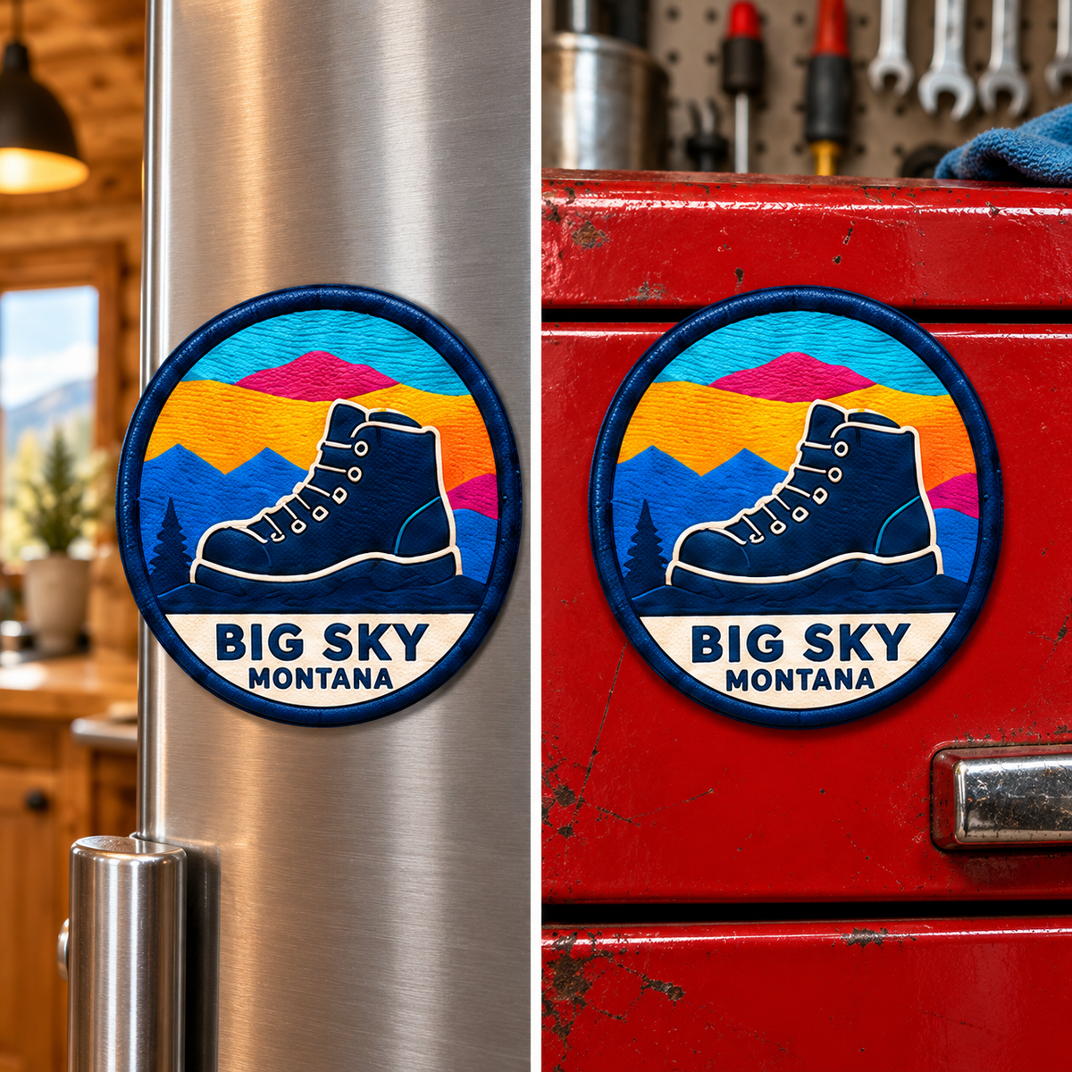 Big Sky Montana — Hiking Boot Magnet lifestyle scene: refrigerator and toolbox