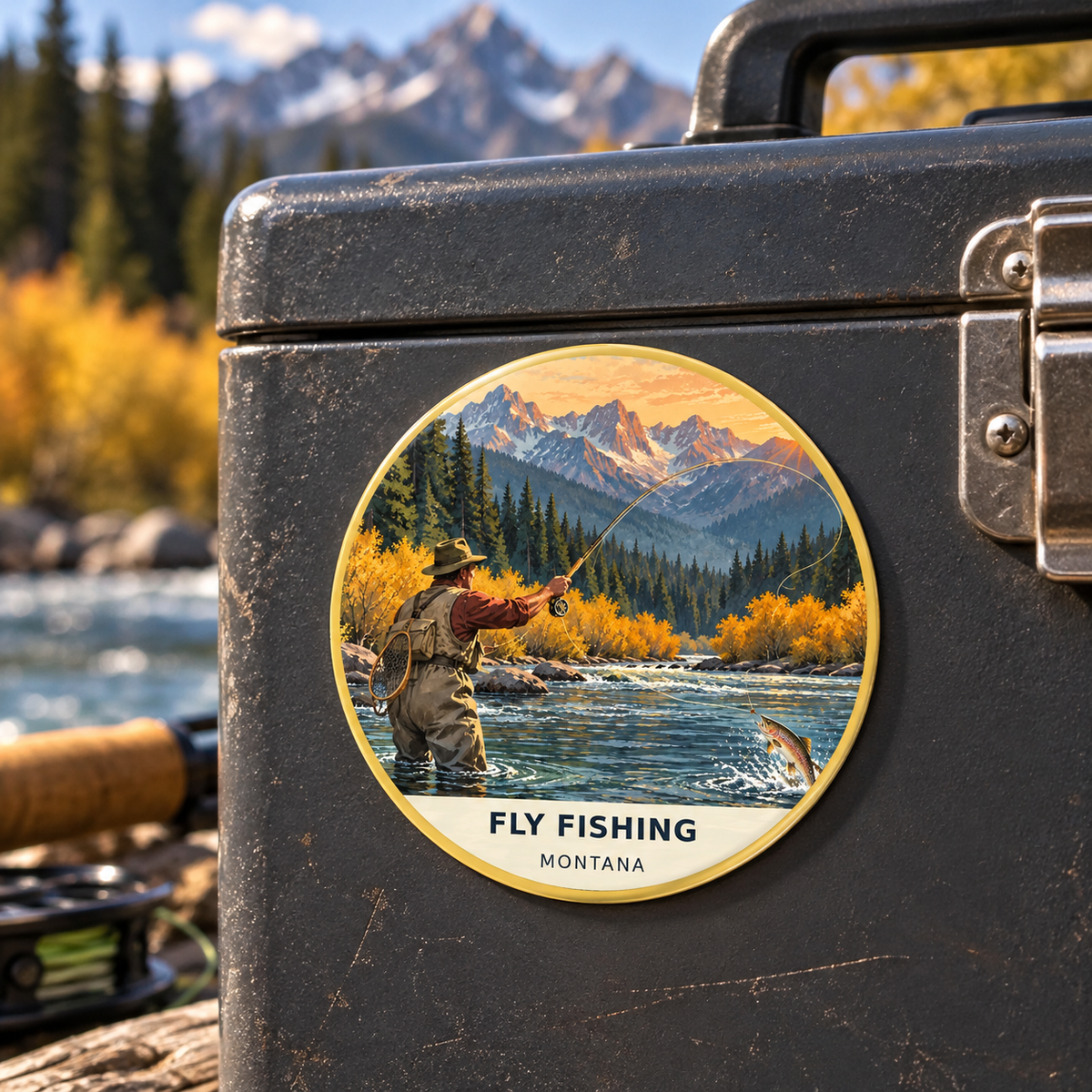 Fly Fishing Classic printed magnet on a toolbox