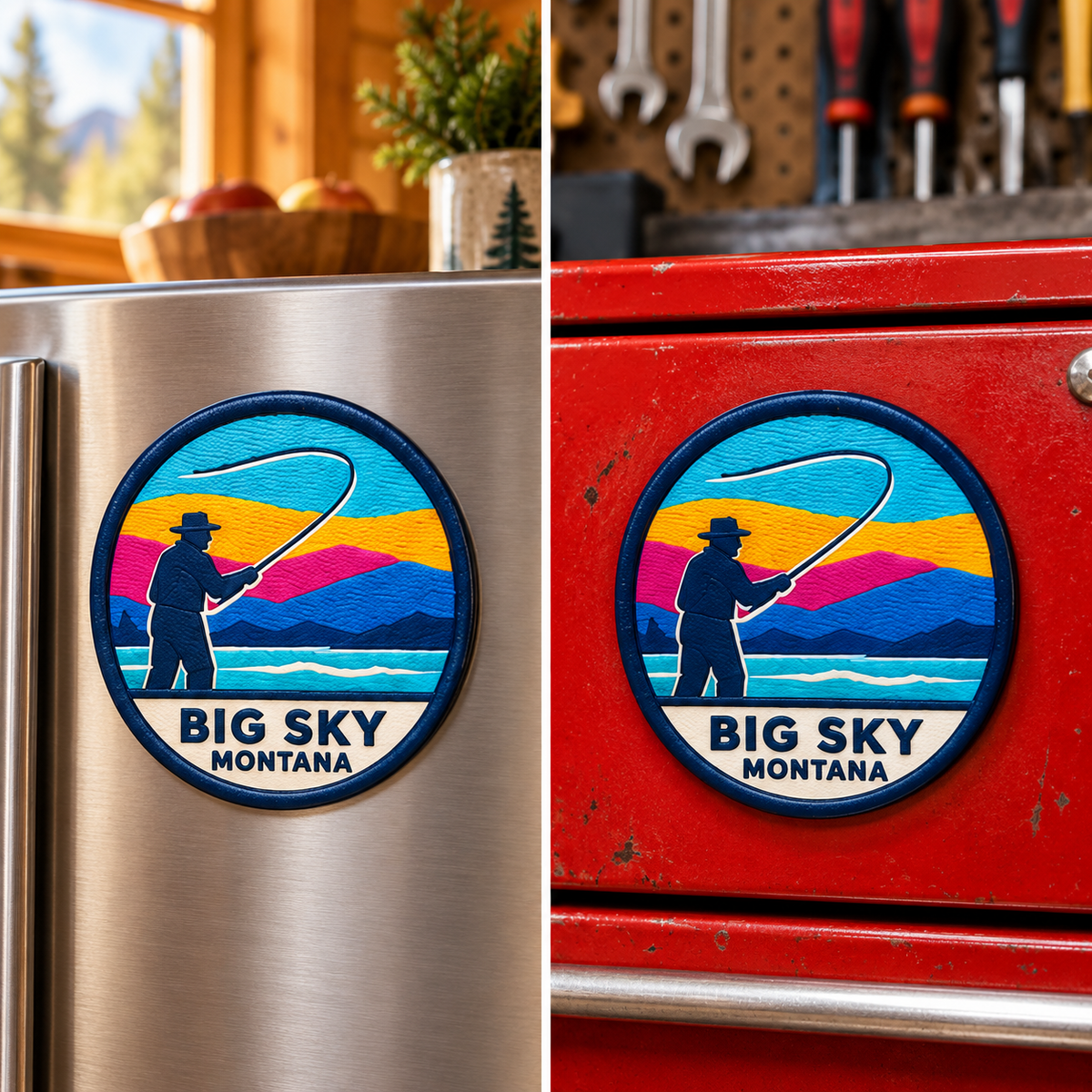 Big Sky Montana — Fly Fisherman Magnet lifestyle scene: refrigerator and toolbox