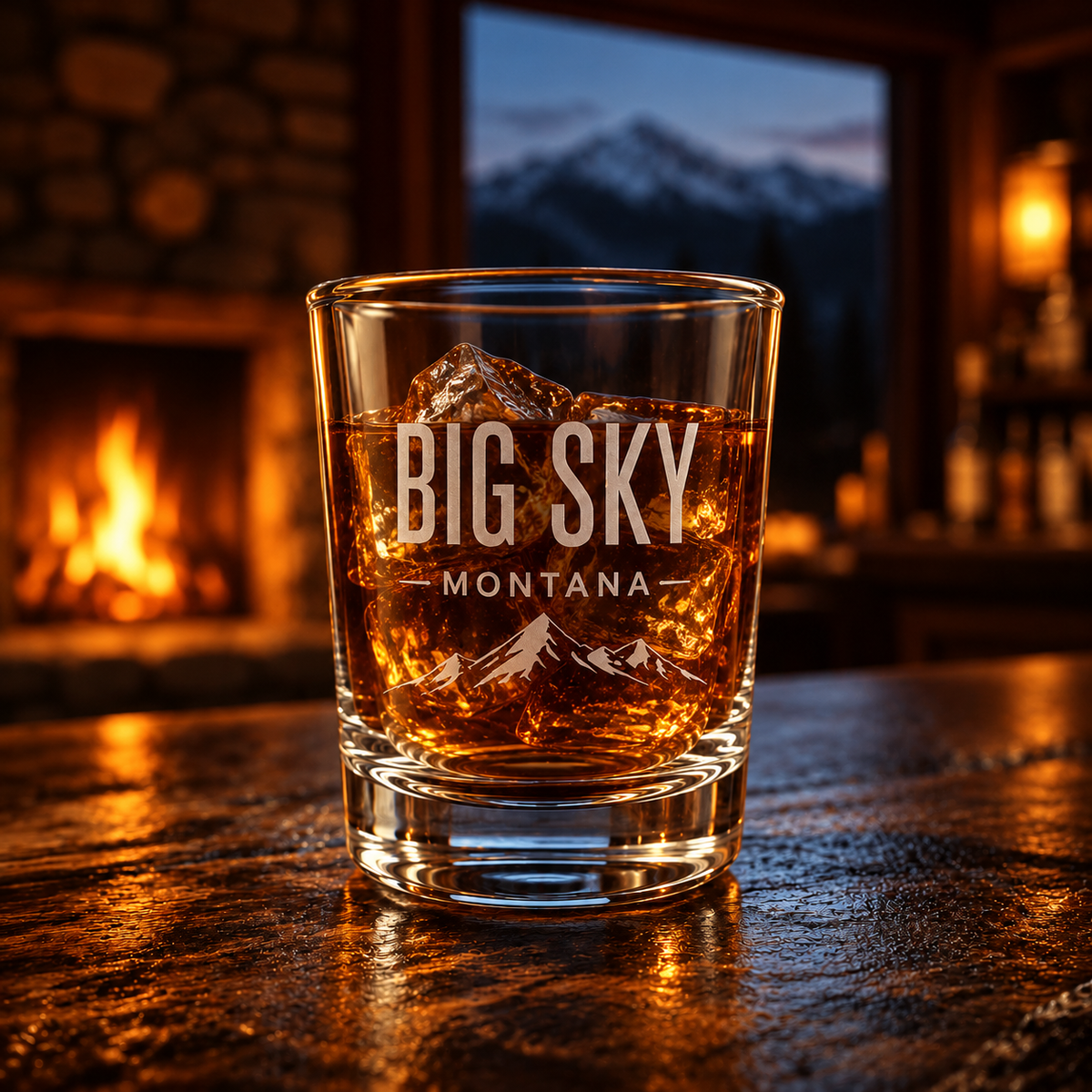 Big Sky Shadow highball glass filled with iced whiskey on a Montana cabin bar