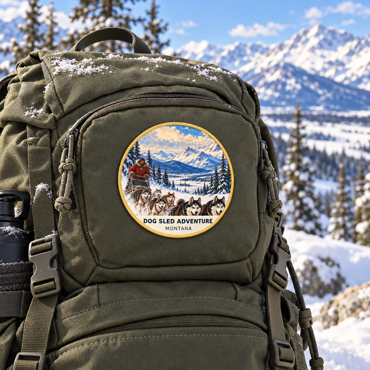 Dog Sled Adventure Classic UV printed patch on a backpack