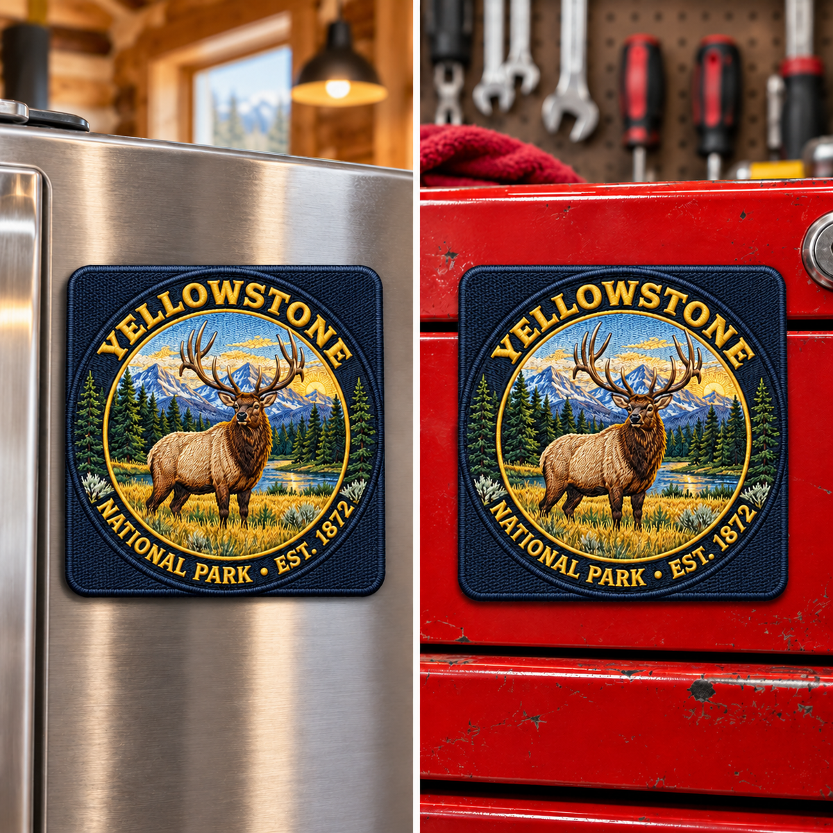 Square Yellowstone Elk magnet shown on a refrigerator and toolbox