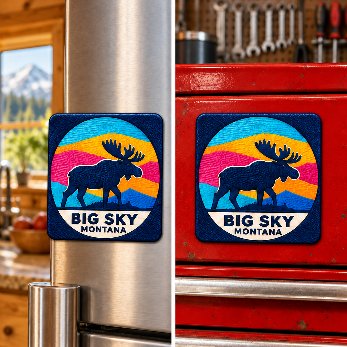Square Big Sky Moose magnet shown on a refrigerator and toolbox