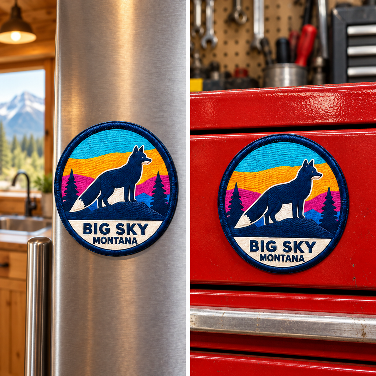 Big Sky Montana — Fox Magnet lifestyle scene: refrigerator and toolbox