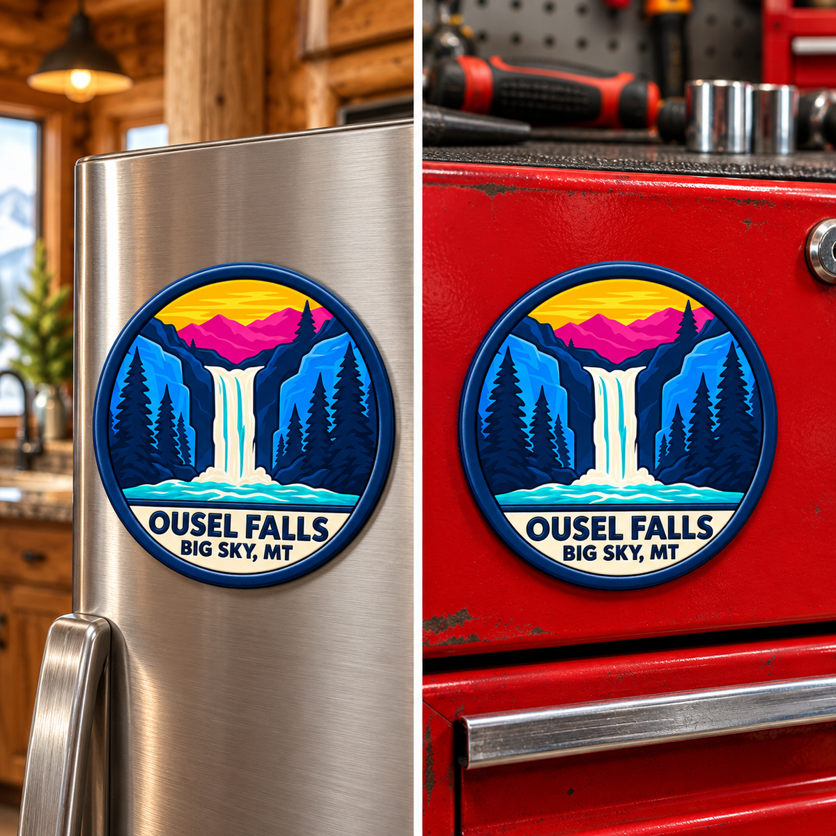Big Sky Montana — Ousel Falls Magnet lifestyle scene: refrigerator and toolbox