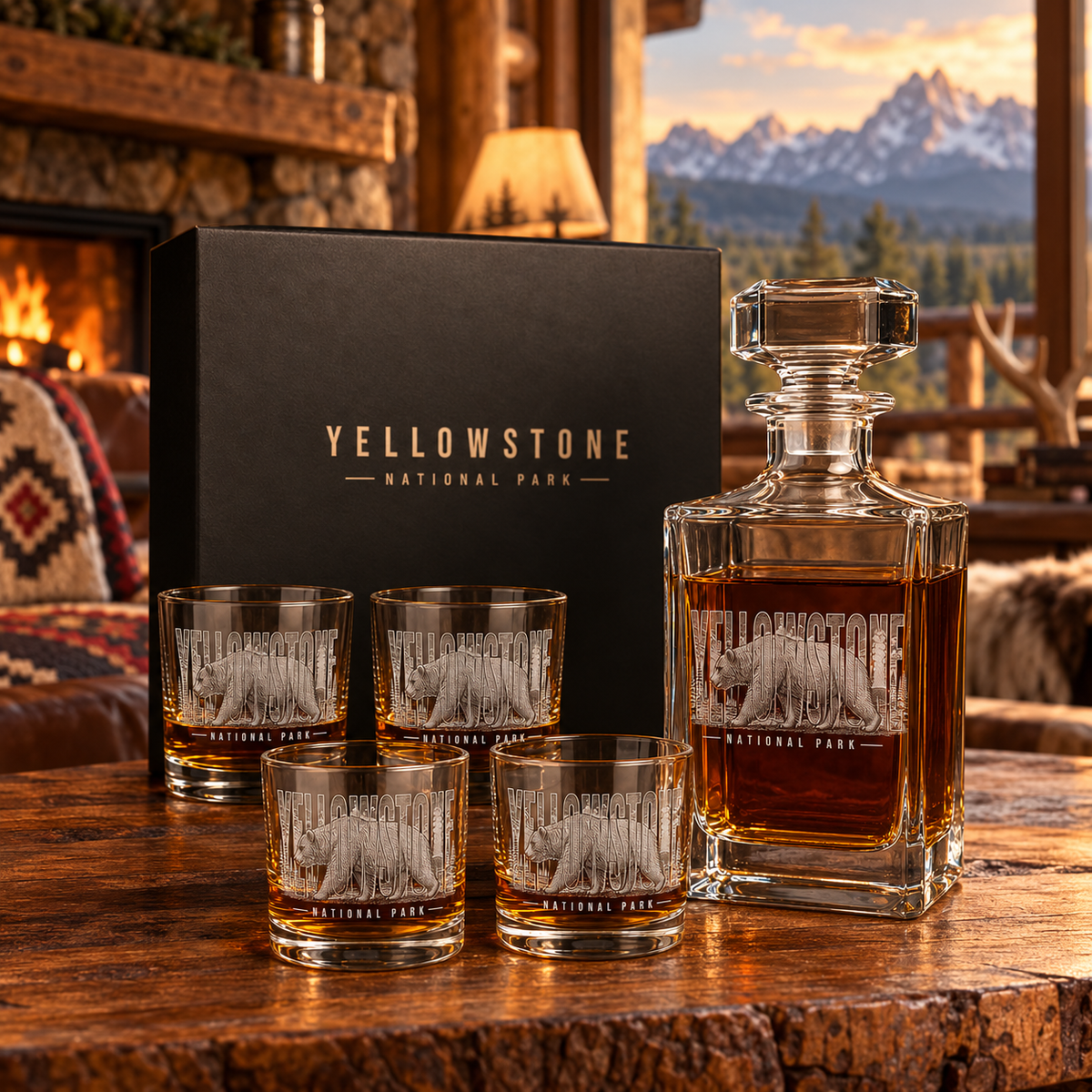 Yellowstone Grizzly decanter gift set — lodge lifestyle