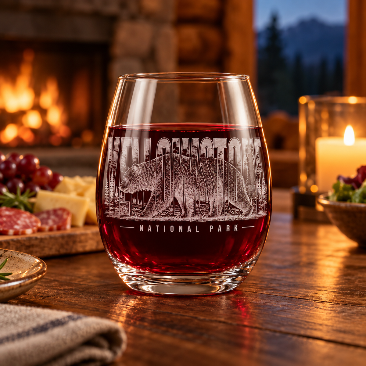 Yellowstone National Park Grizzly Stemless Wine Glass — lifestyle photo with red wine.