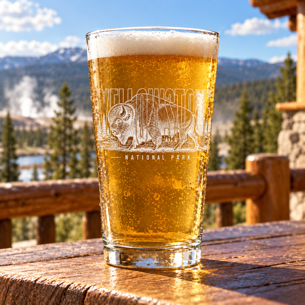 Yellowstone National Park Bison Beer Pint — lifestyle photo with beer on a lodge deck.