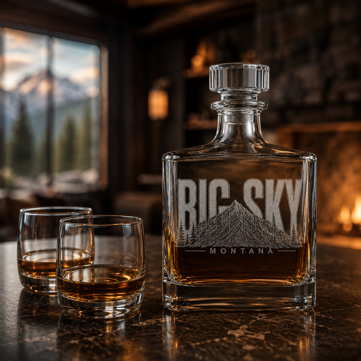 Big Sky Heritage whiskey decanter at a Big Sky lodge bar