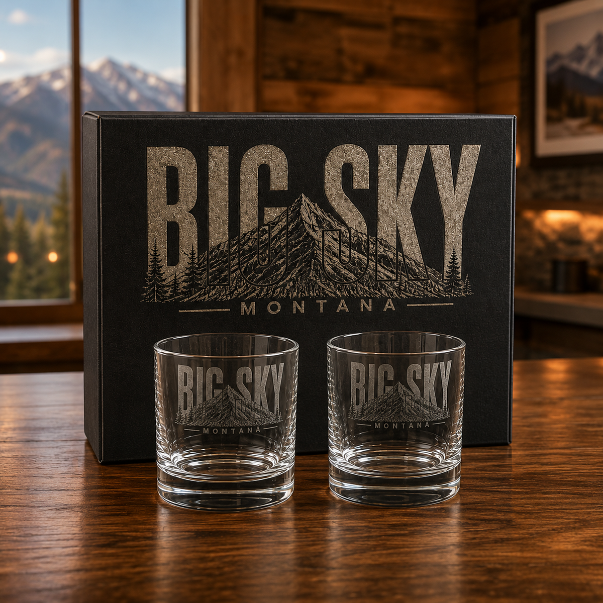 Big Sky Heritage boxed two-piece rocks glass gift set at a Big Sky lodge