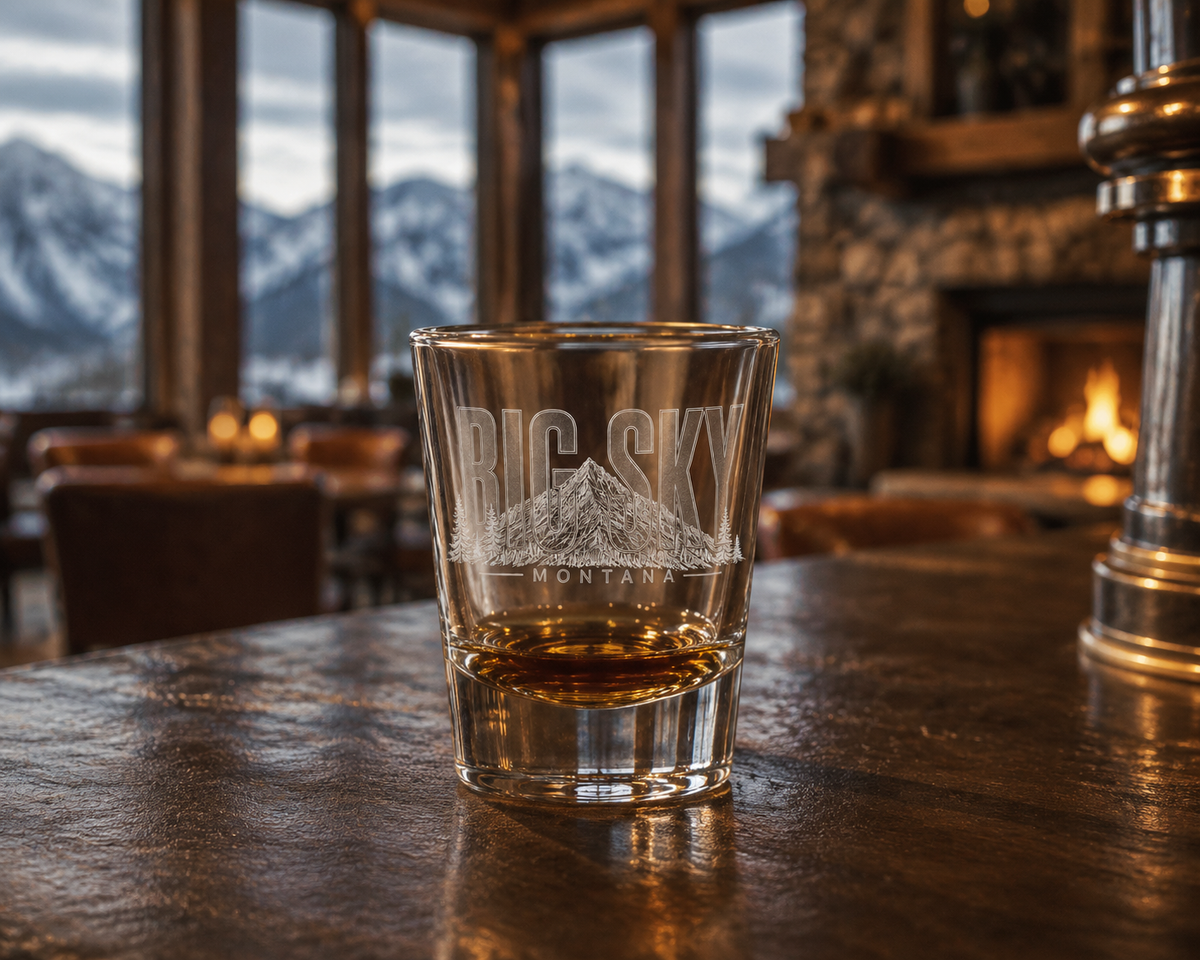 Big Sky Heritage shot glass at a Big Sky lodge bar