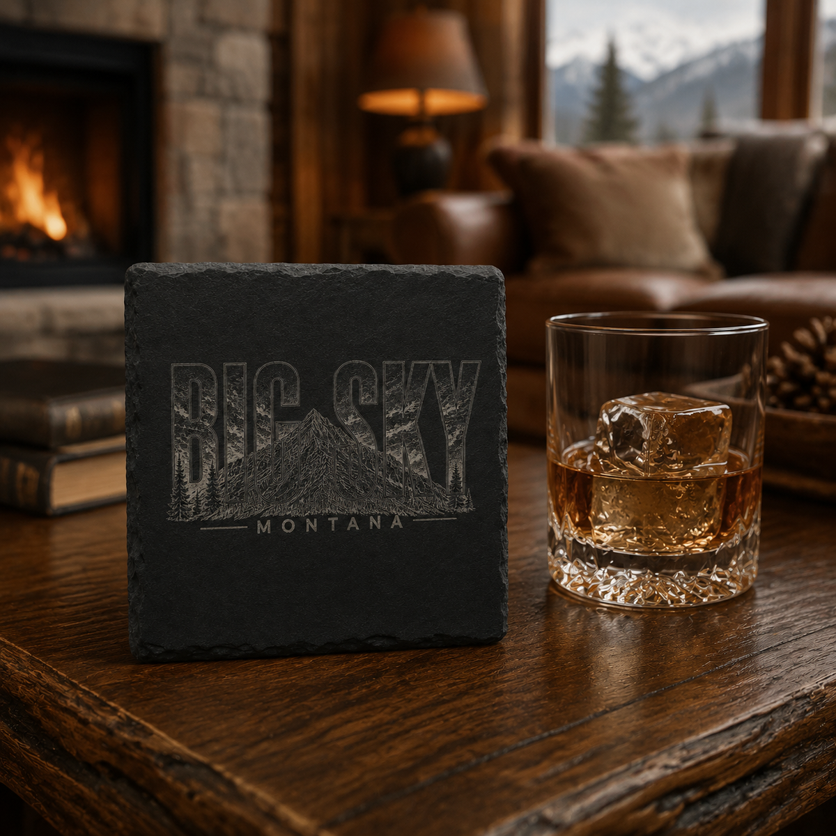 Big Sky Heritage square slate coaster at a Big Sky lodge
