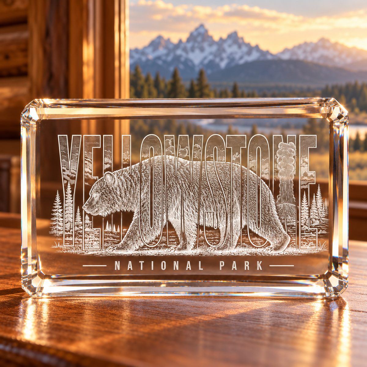 Yellowstone Grizzly K9 Crystal Paperweight — lodge desk lifestyle
