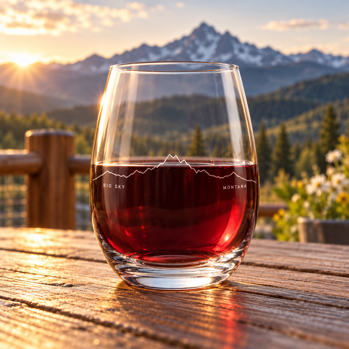 Lone Peak One Line Stemless Wine Glass — lifestyle photo on a Montana mountain deck.