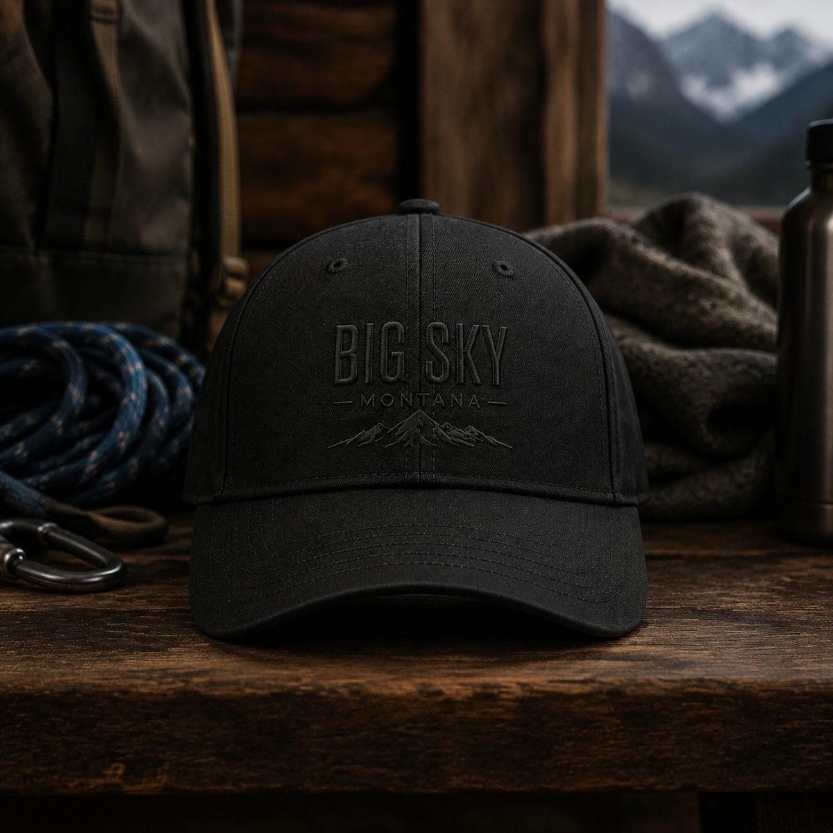 Big Sky Shadow black structured cap at a Big Sky lodge