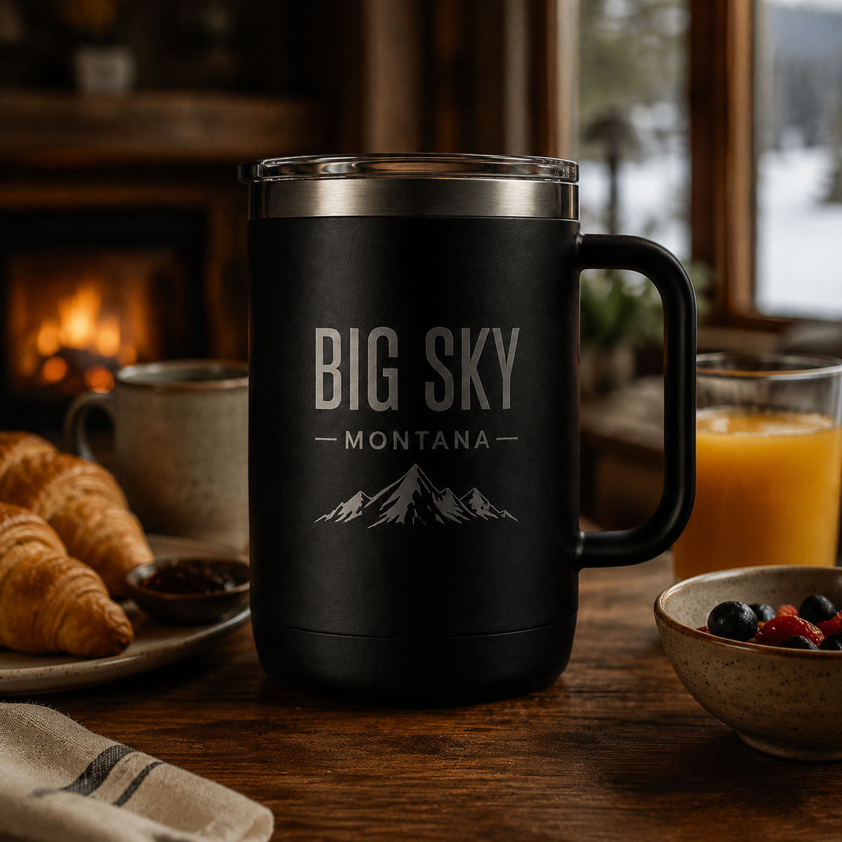 Big Sky Shadow insulated mug at a Big Sky lodge