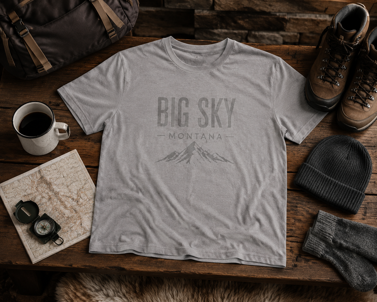 Big Sky Shadow ash t-shirt at a Big Sky lodge