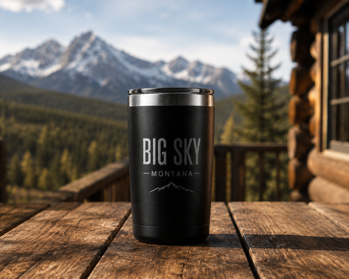 Big Sky Shadow 20 oz tumbler at a Big Sky lodge
